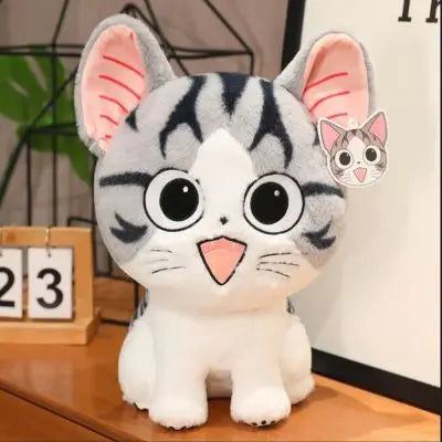 Kawaii peluche chat gris avec bouche ouverte et grandes oreilles adorables peluche chat