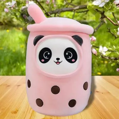 peluche bubble tea-panda rose souriant adorable sur une table
