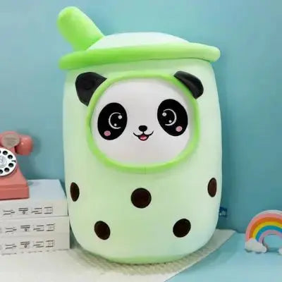 peluche bubble tea panda vert souriant et chic