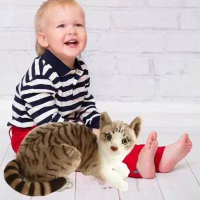 Peluche chat réaliste tigre brun peluche chat avec garçon au pantalon rouge
