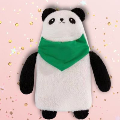 Bouillotte peluche panda peluche kawaii au foulard vert debout