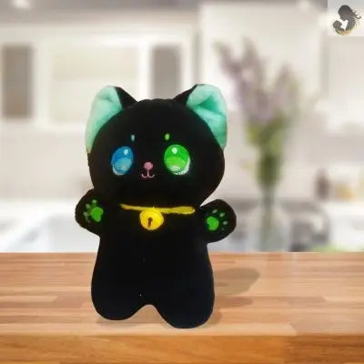 Kawaii peluche chat noir debout au bras ouverts et grands yeux peluche chat