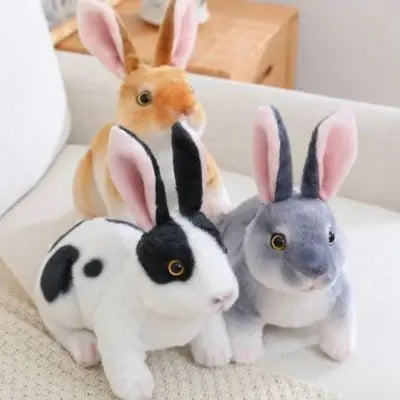 Peluche lapin réaliste le trio jumeaux le roux, le gris et le noir 