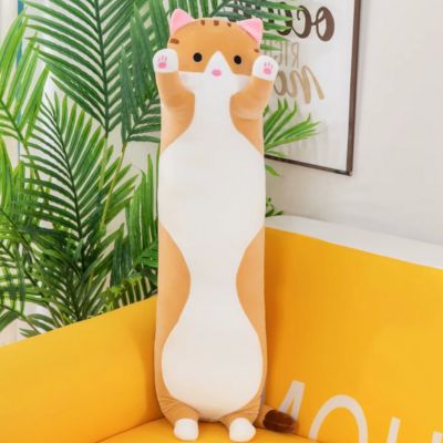 chat en peluche brun et blanc coussin peluche kawaii