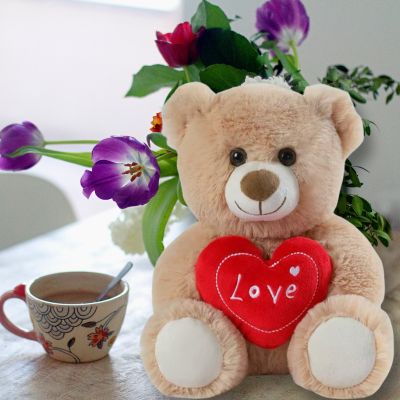 Ours en peluche Teddy bear beau nounours sous les rosiers de couleur violet