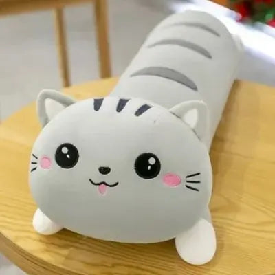 Peluche kawaii coussin traversin gris clair aux beaux yeux et moustaches noires