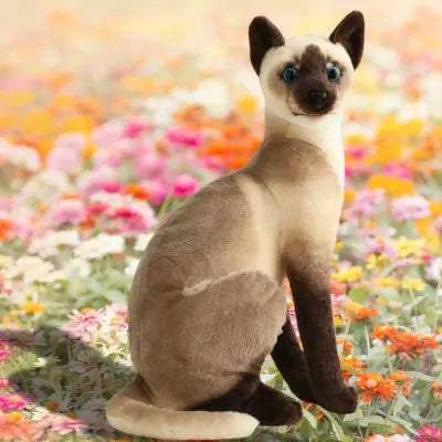 Peluche chat réaliste-peluche chat siamois debout dans les fleurs colorées