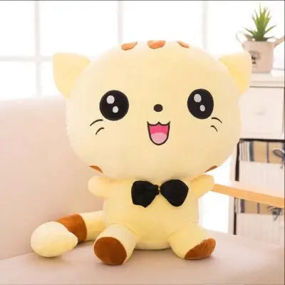 Peluche kawaii-peluche chat-jaune souriant bouche rose grand ouverte 