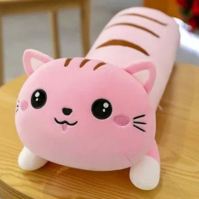 Peluche kawaii chat coussin rose aux beaux yeux et pattes blanches