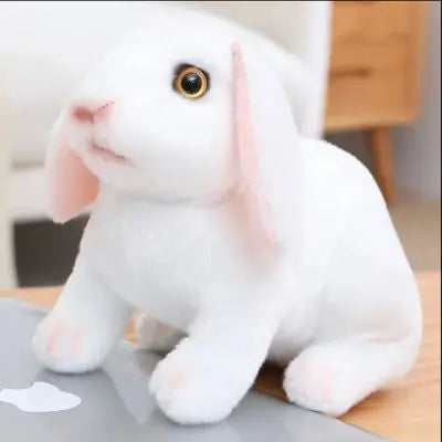 Peluche-lapin réaliste, banche neige, yeux dorés et pattes blanches