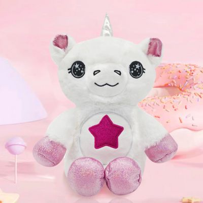 Peluche licorne blanche aux joyeux yeux étoilés et enchantés