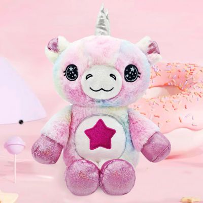 Peluche licorne rose aux joyeux yeux étoilés et enchantés