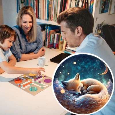 Puzzle 3D renard doré à la forêt enchantée la nuit avec famille qui joue à la bibliothèque