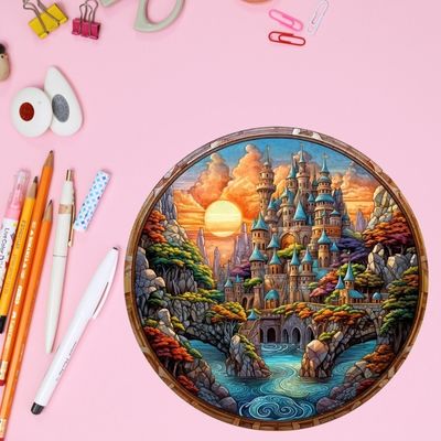 Puzzle 3D château au coucher du soleil sur la table d'enfant