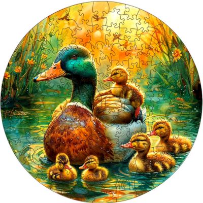 Puzzle en bois le canard magique a la mare avec ses petits autour de lui