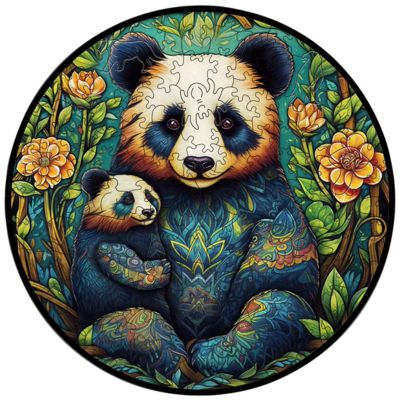 Puzzle en bois panda mignon assis et son bébé dans les bras dans les fleurs