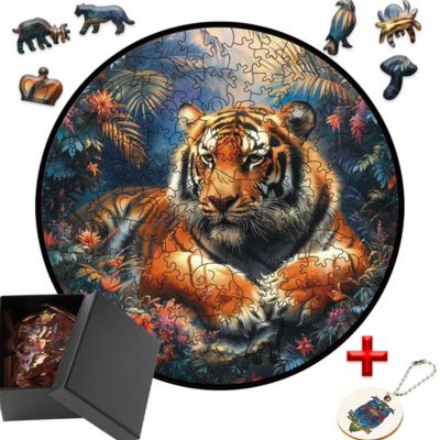 Puzzle le roi lion doré assis dans la jungle fleurie avec cadeau