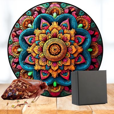 Puzzle mandala aux couleurs vibrantes, géométrique et symétrique exposé sur la table