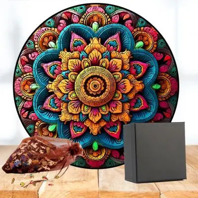 Puzzle mandala aux couleurs vibrantes, géométrique et symétrique exposé sur la table